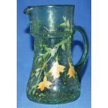 Crackle Glass Art Deco Hand Painted Glass Pitcher Jug Crackle Green with Daffodils and Foliage