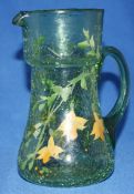 Crackle Glass Art Deco Hand Painted Glass Pitcher Jug Crackle Green with Daffodils and Foliage