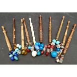 Antique Vintage 10 x Lace Bobbins With Glass Weights Includes Bone Bobbin