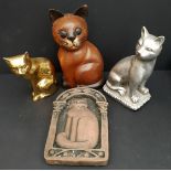 Vintage Parcel of 4 Cat Ornaments Wood Brass and Ceramic
