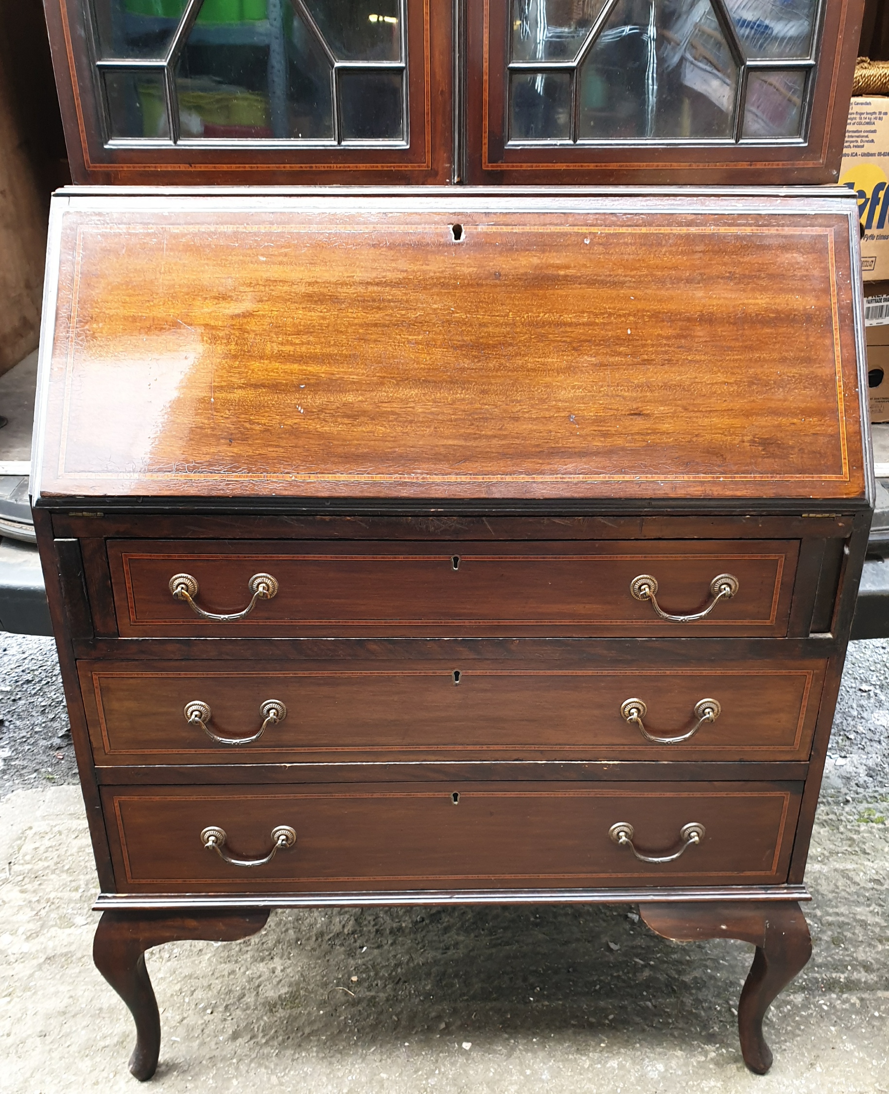 Antique Vintage Early 20th Century Georgian Style Glazed Bookcase Bureau with swan neck pediment - Image 2 of 3