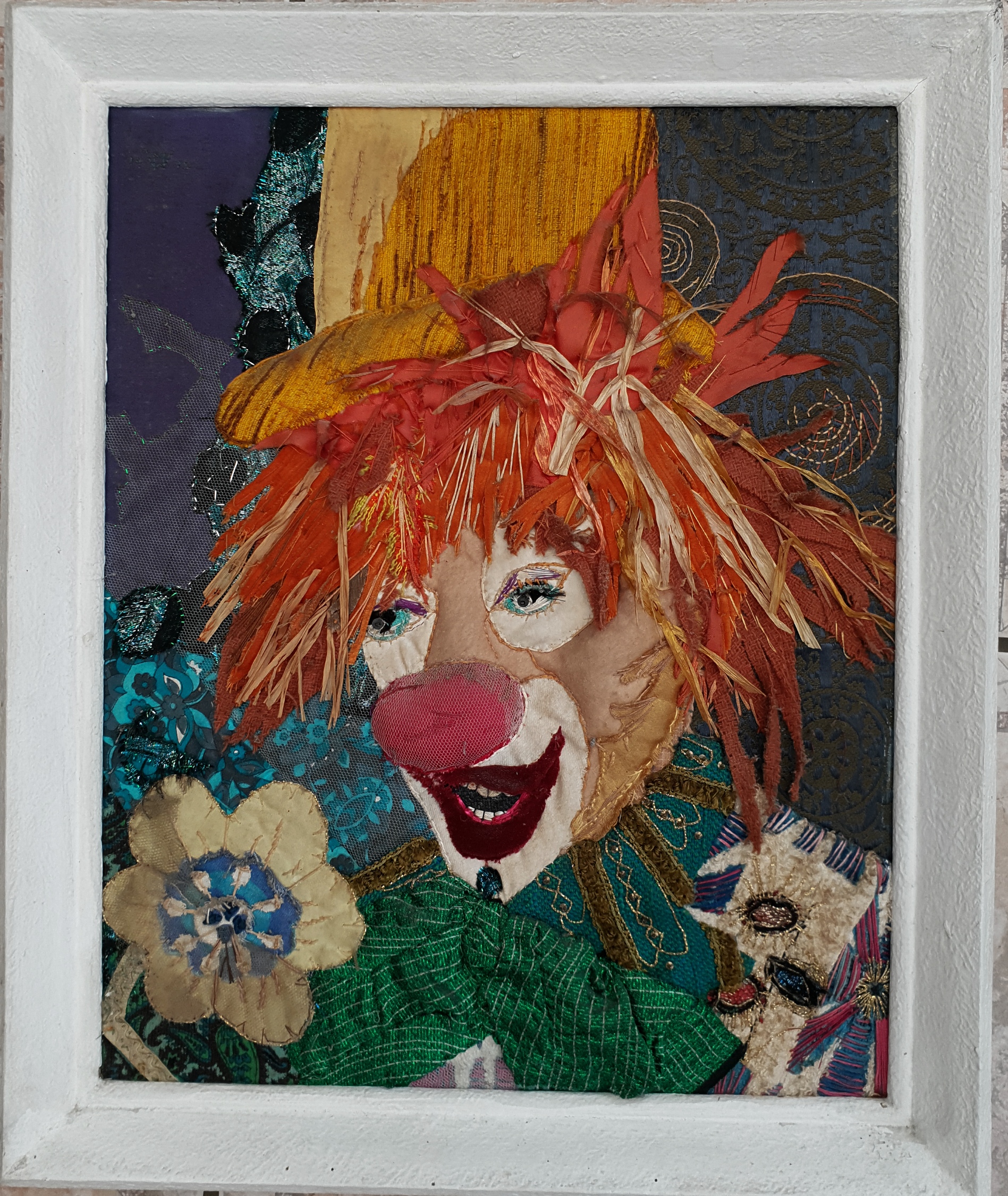 Art Framed Vintage Embroidered Collage Clown Picture Monica Woodhouse 1975