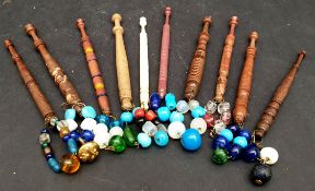 Antique Vintage 10 x Lace Bobbins With Glass Weights Includes Bone Bobbin