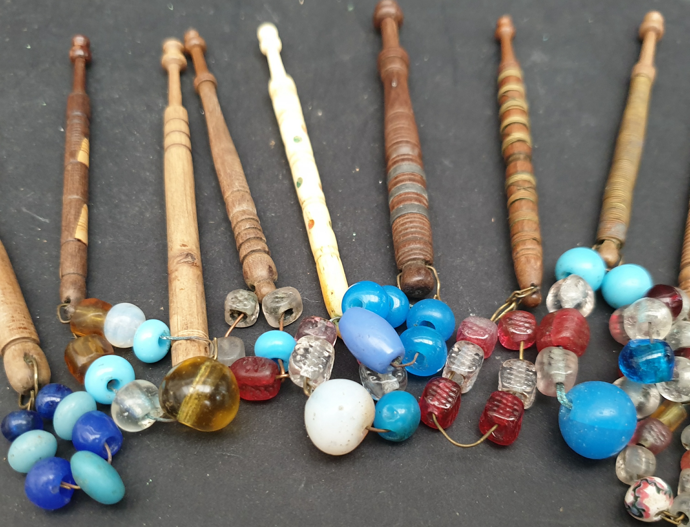 Antique Vintage 10 x Lace Bobbins With Glass Weights Includes Bone Bobbin - Image 2 of 2