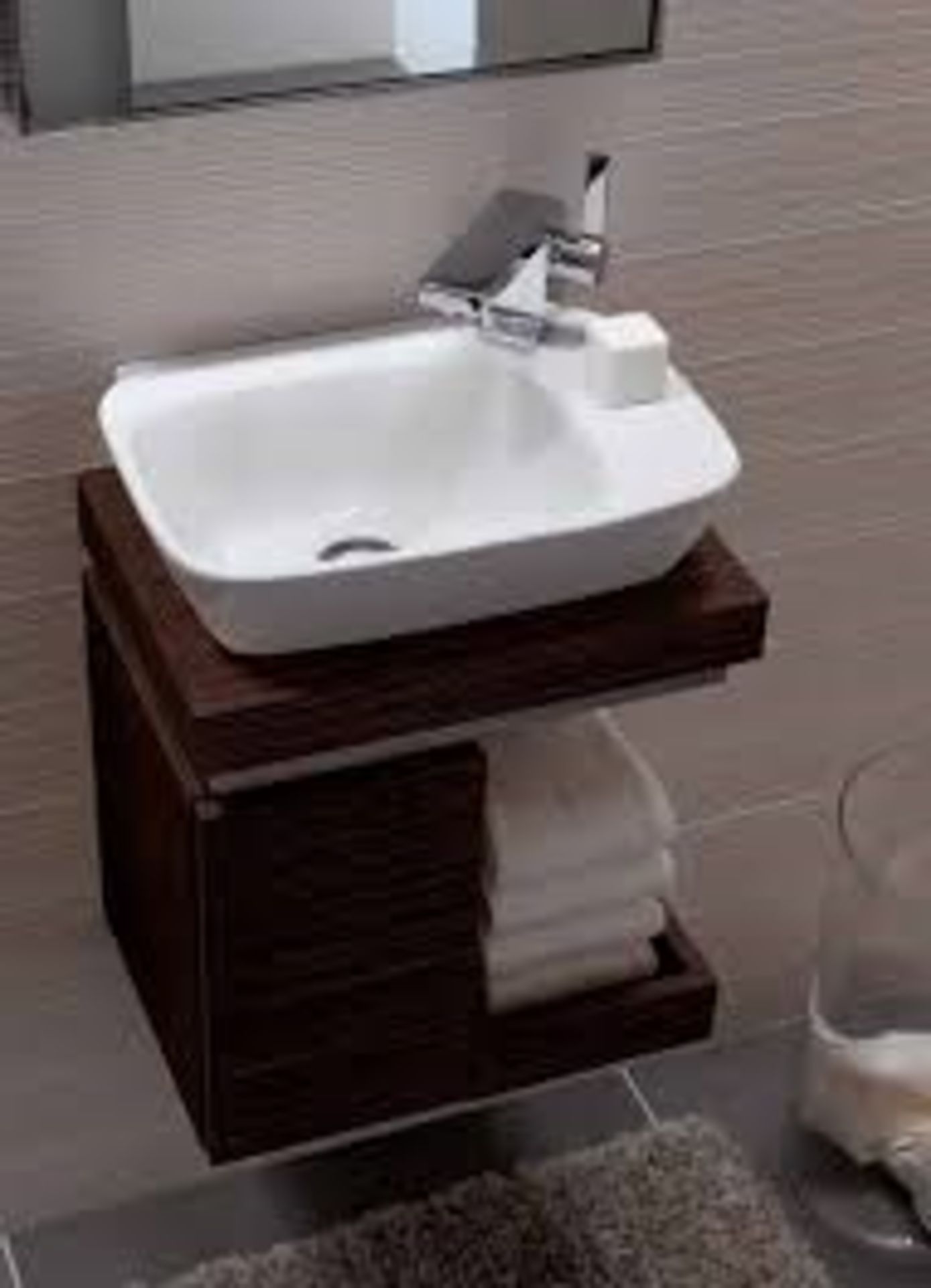 (SA55) Keramag Geberit Silk Walnut Hand rinse Basin Vanity Unit with Storage. RRP £1,079.99.Co...