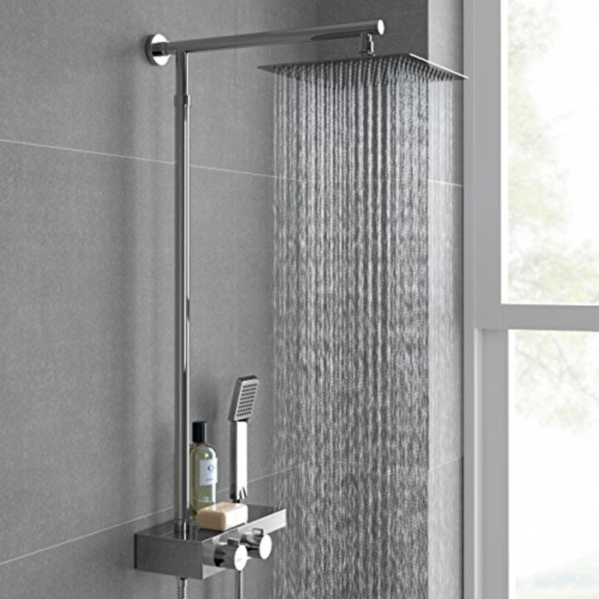 (KN129) Square Thermostatic Bar Mixer Shower Set Valve with Shelf 10" Head + Handset . Solid br...