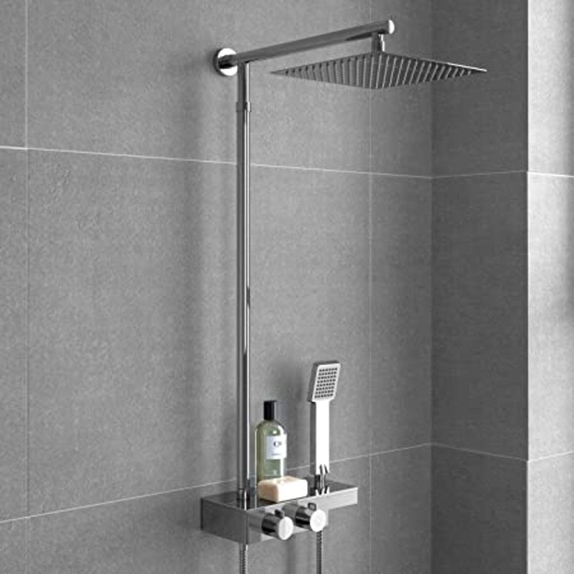 (CK36) Square Thermostatic Bar Mixer Shower Set Valve with Shelf 10" Head + Handset. Solid bras... - Image 2 of 2