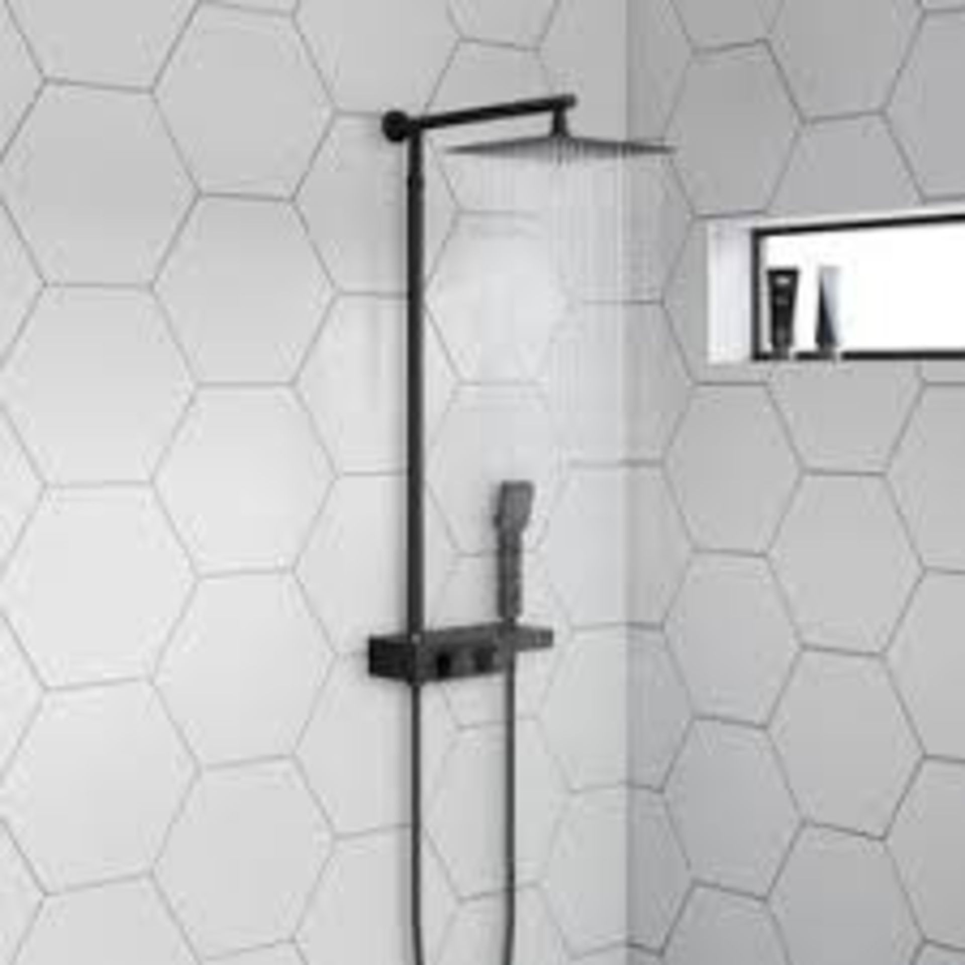 (CK63) Matte Black Square Thermostatic Bar Mixer Shower Set Valve with Shelf 10 Inch Shower Hea...