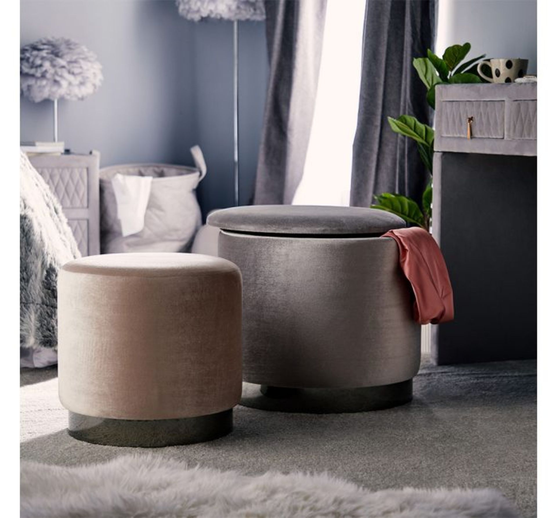 (AP1) Set Of 2 Velvet Stools One large silver stool with internal storage and one smaller cham...