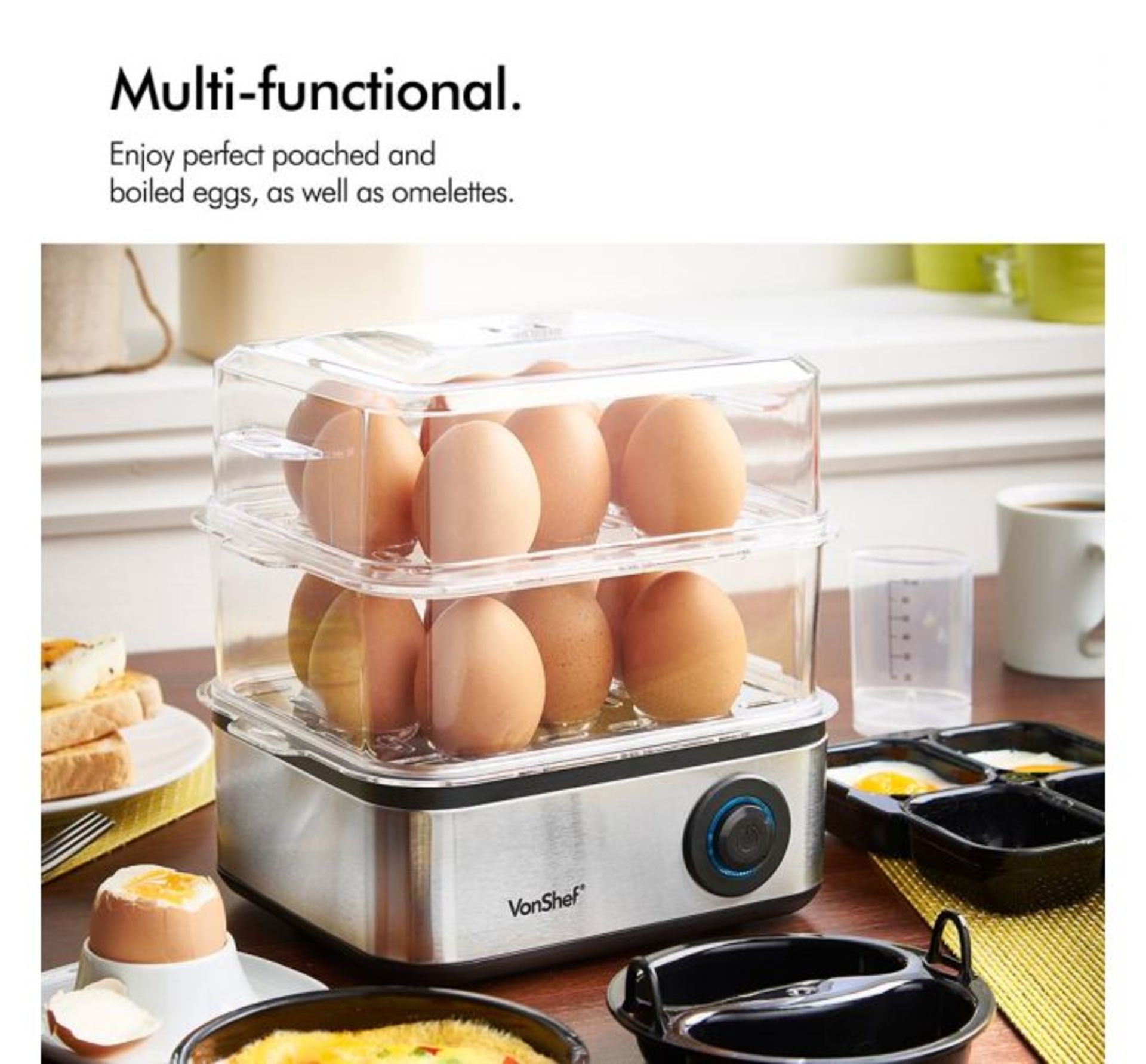 (AP45) 16 Hole Egg Boiler Two removable shelves hold 8 eggs each Easy to use with power indic... - Image 2 of 3