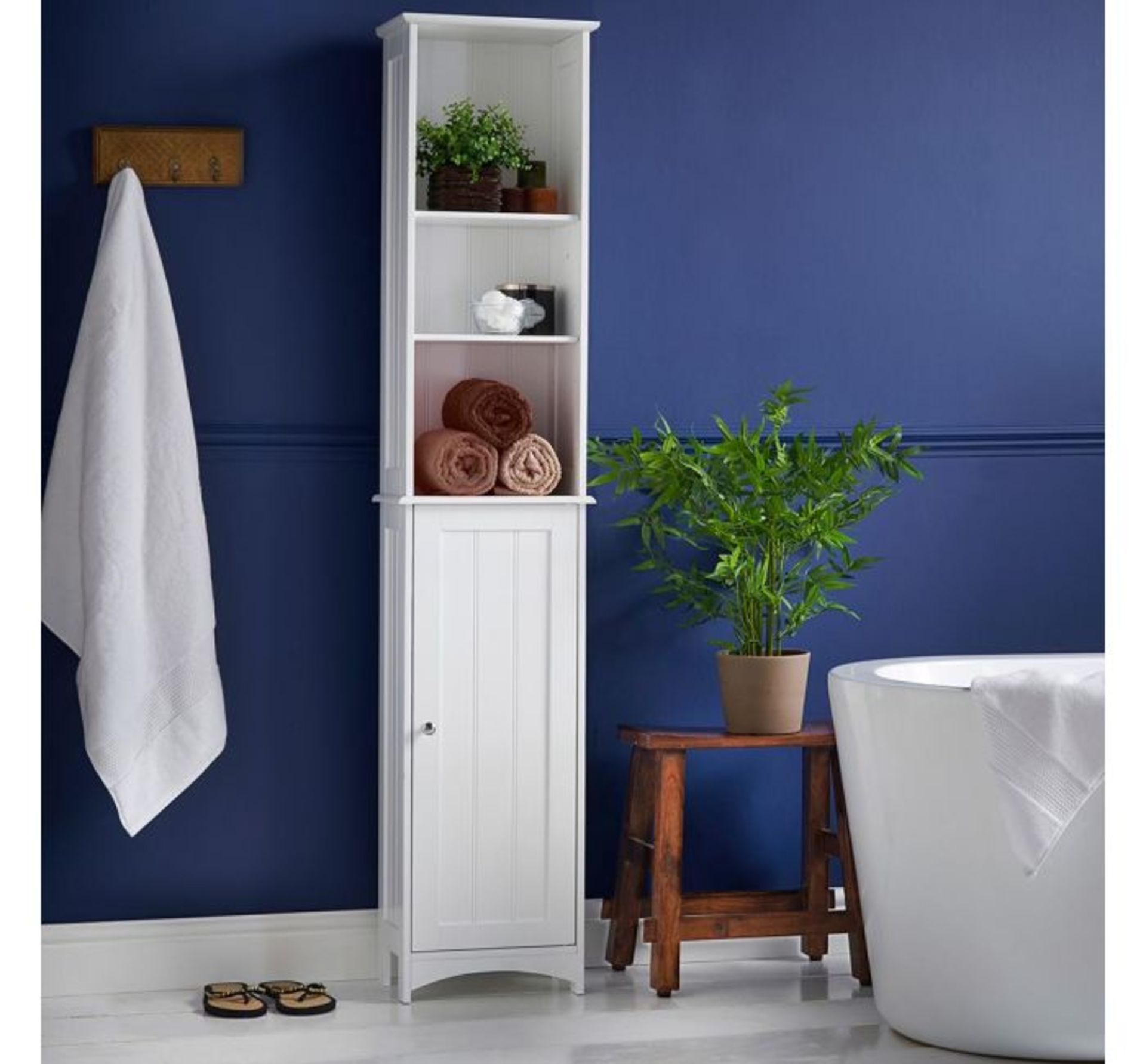 (AP4) Colonial Tall Storage Unit Easy to clean with a water resistant white paint finish Feat...