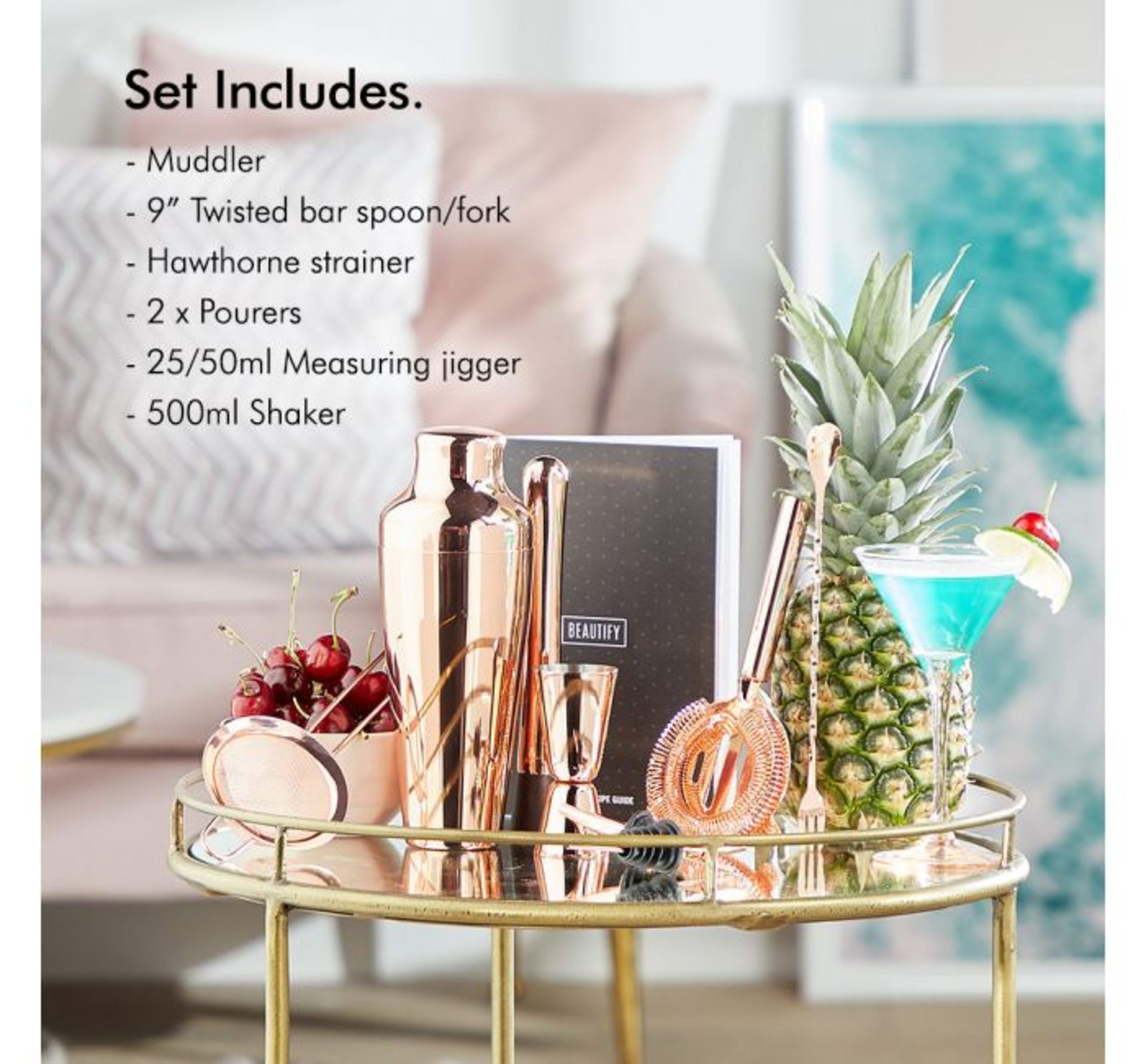 (AP180) Rose Gold Parisian Cocktail Set Set includes a muddler, double-ended bar spoon/ fork, ...