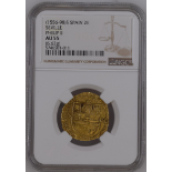 Philip II gold Cob 2 Escudos 1591/0-H AU55