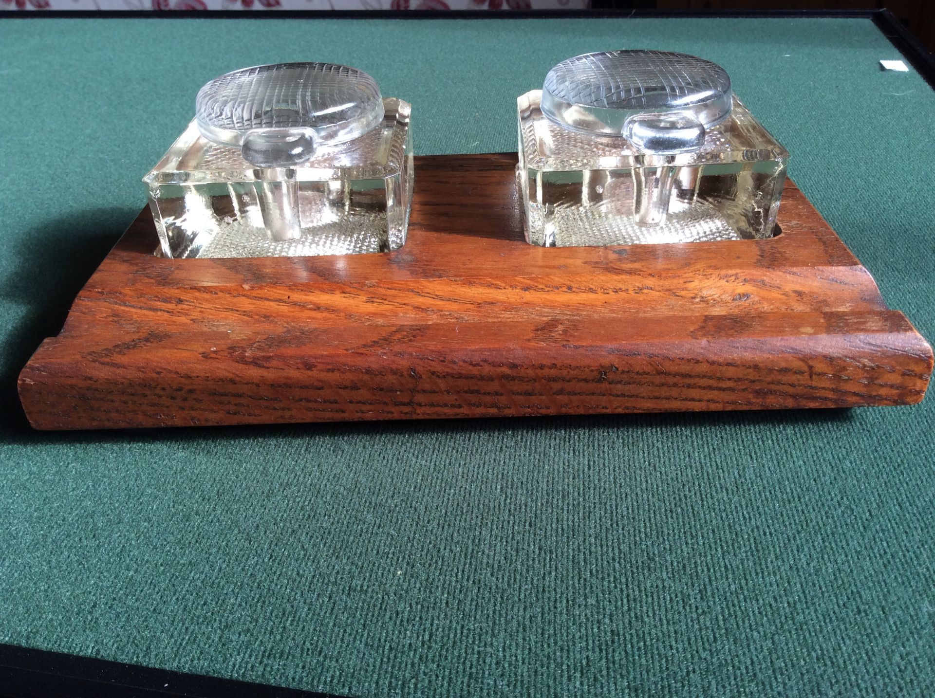Double Ink Well 2 Glass Ink Pots in Oak Wooden Desk Stand - Image 7 of 7