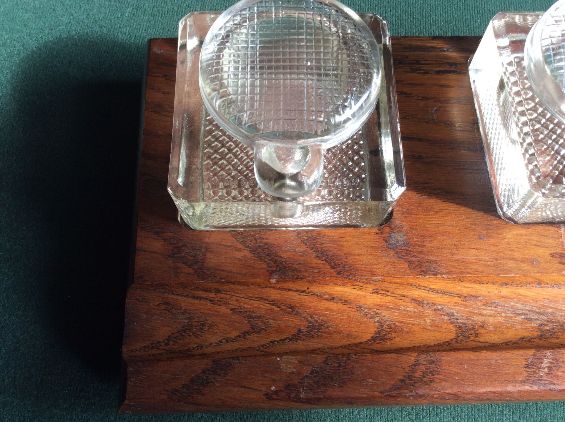 Double Ink Well 2 Glass Ink Pots in Oak Wooden Desk Stand - Image 3 of 7