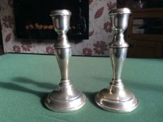 PAIR VINTAGE SILVER ON COPPER CANDLESTICKS SOME WEAR COPPER SHOWING THROUGH