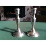 PAIR VINTAGE SILVER ON COPPER CANDLESTICKS SOME WEAR COPPER SHOWING THROUGH