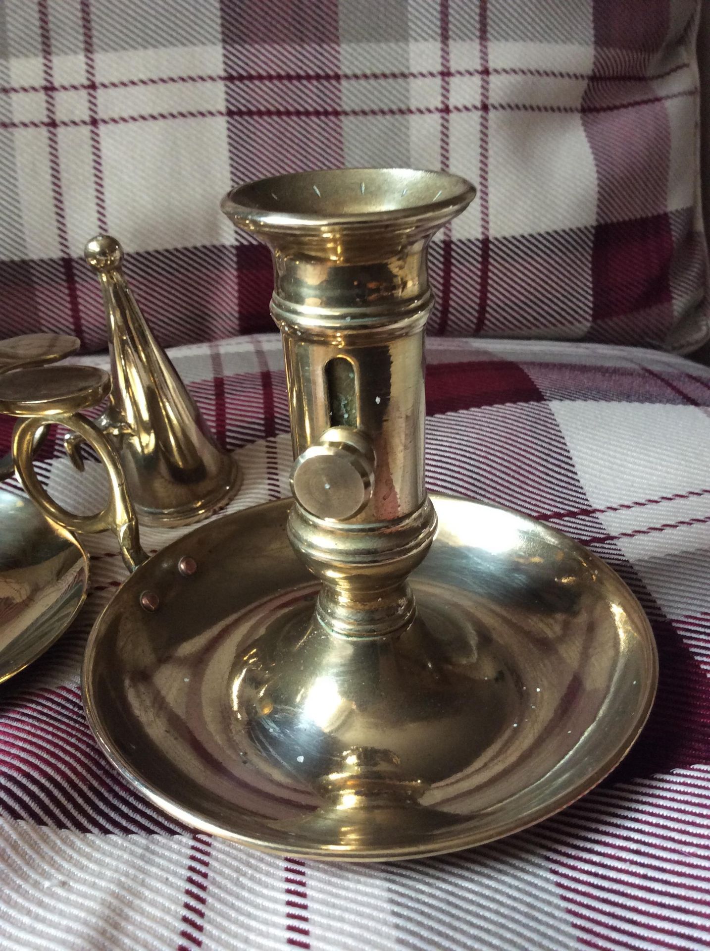 2 Vinage brass candlesticks one with ejector and snuffer - Image 5 of 7