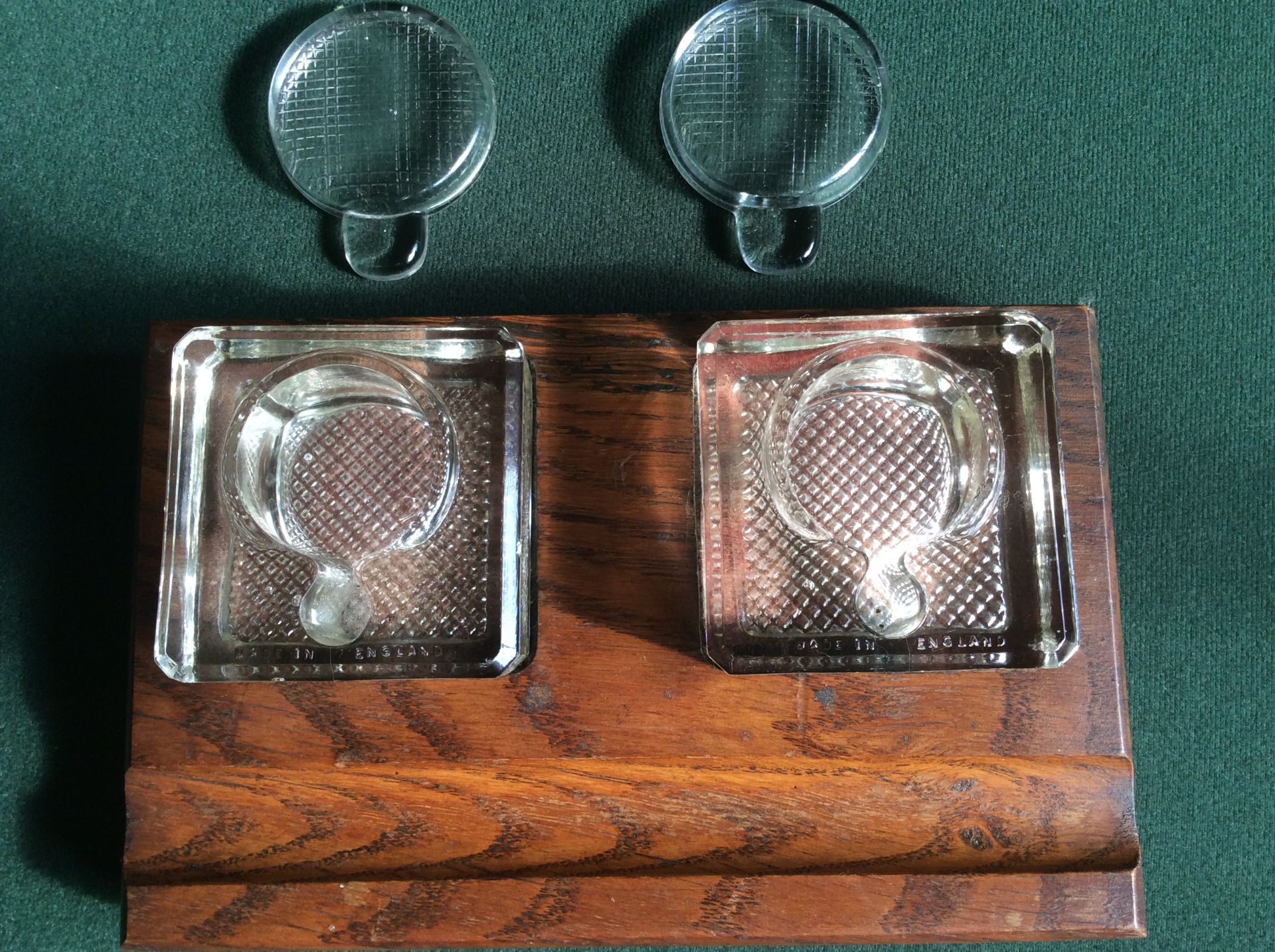 Double Ink Well 2 Glass Ink Pots in Oak Wooden Desk Stand - Image 4 of 7