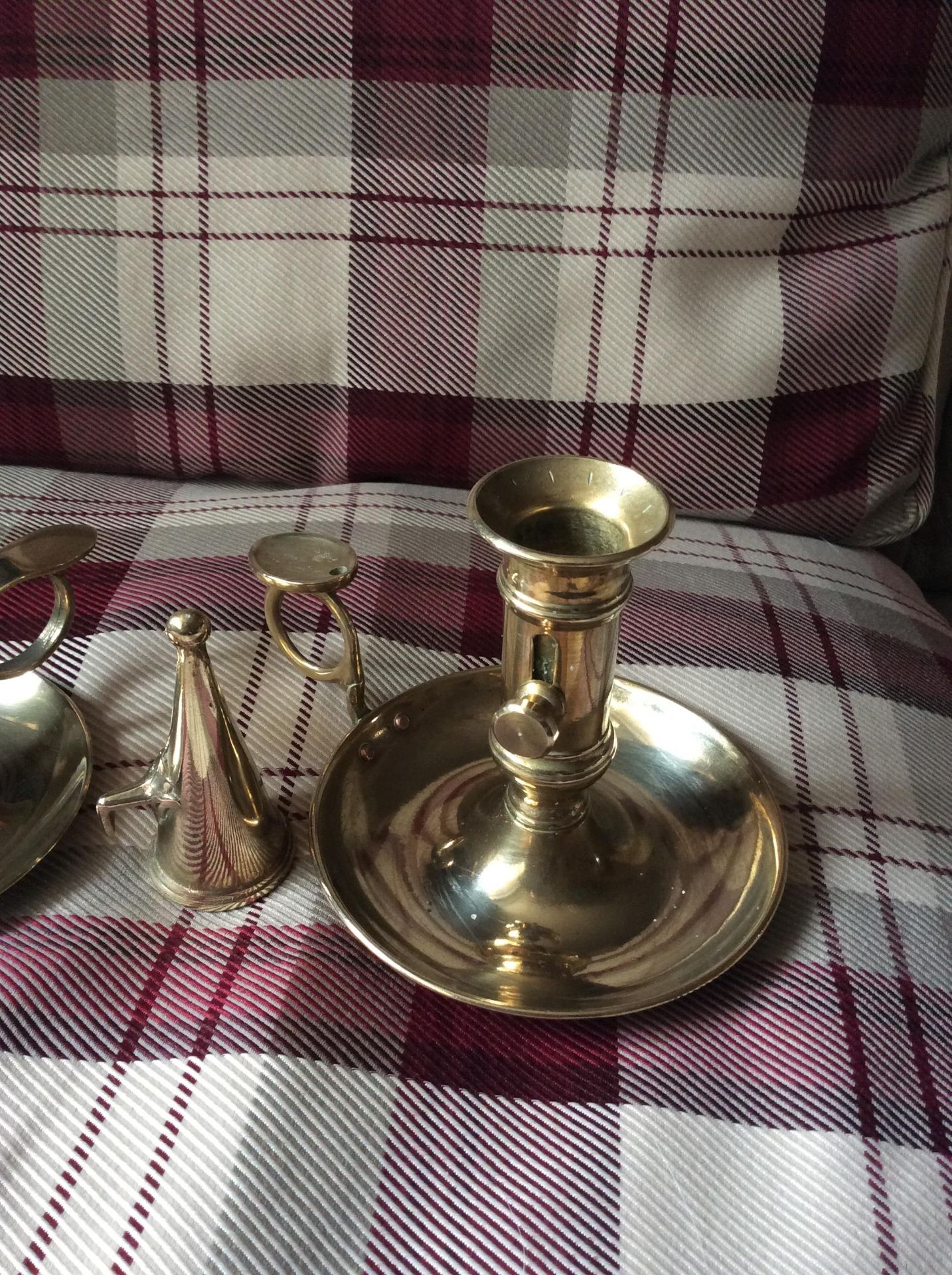 2 Vinage brass candlesticks one with ejector and snuffer - Image 2 of 7