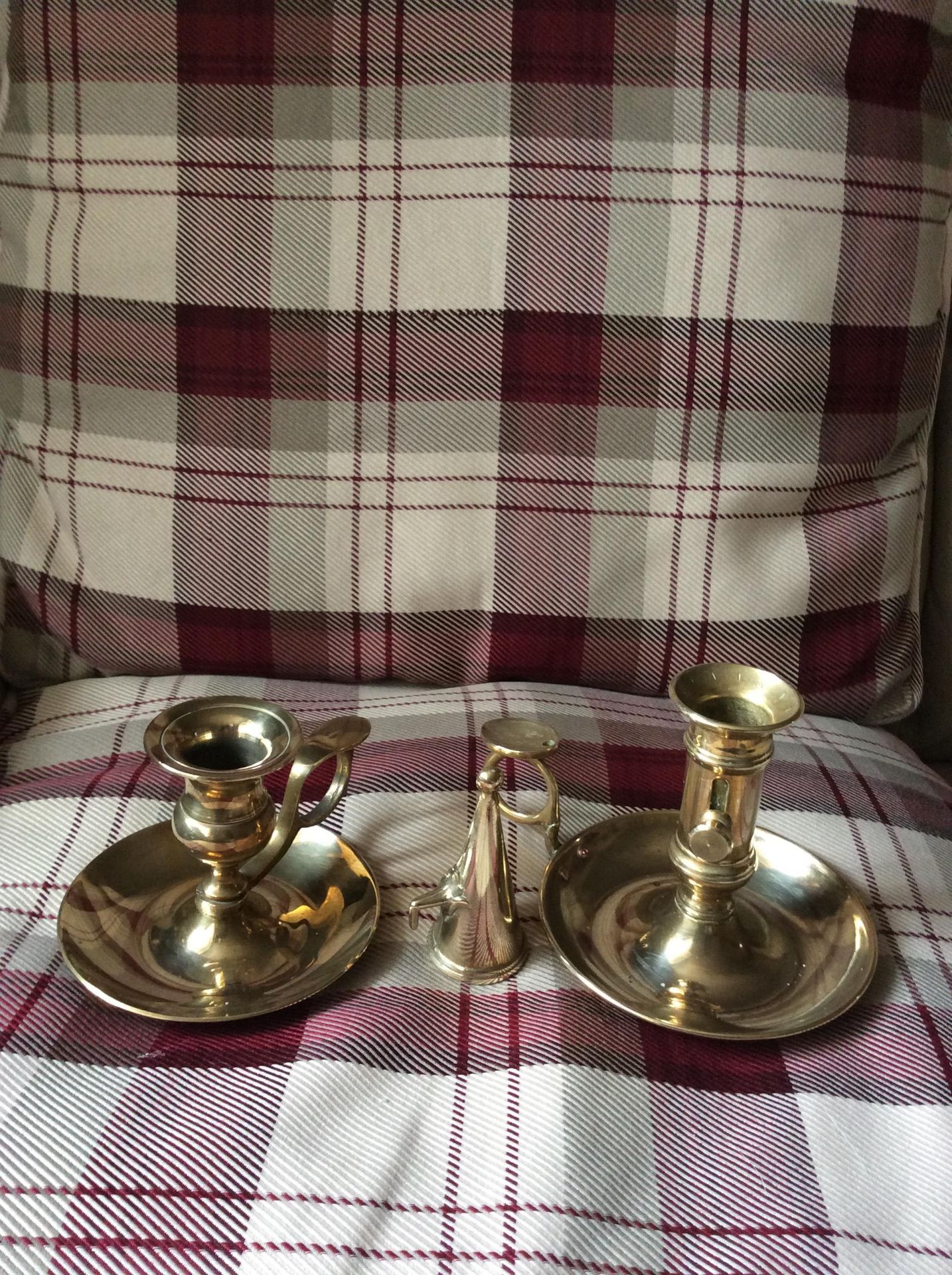 2 Vinage brass candlesticks one with ejector and snuffer