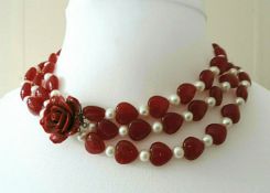Vintage Red Jade and Cultured Pearl Necklace