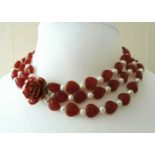 Vintage Red Jade and Cultured Pearl Necklace