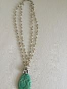 Vintage Runway Inspired Faux Pearl Necklace & Faux Jade Carved Pendant