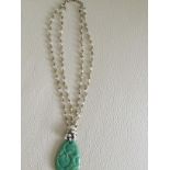 Vintage Runway Inspired Faux Pearl Necklace & Faux Jade Carved Pendant