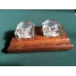 Double Ink Well 2 Glass Ink Pots in Oak Wooden Desk Stand