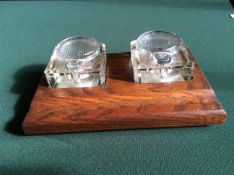 Double Ink Well 2 Glass Ink Pots in Oak Wooden Desk Stand