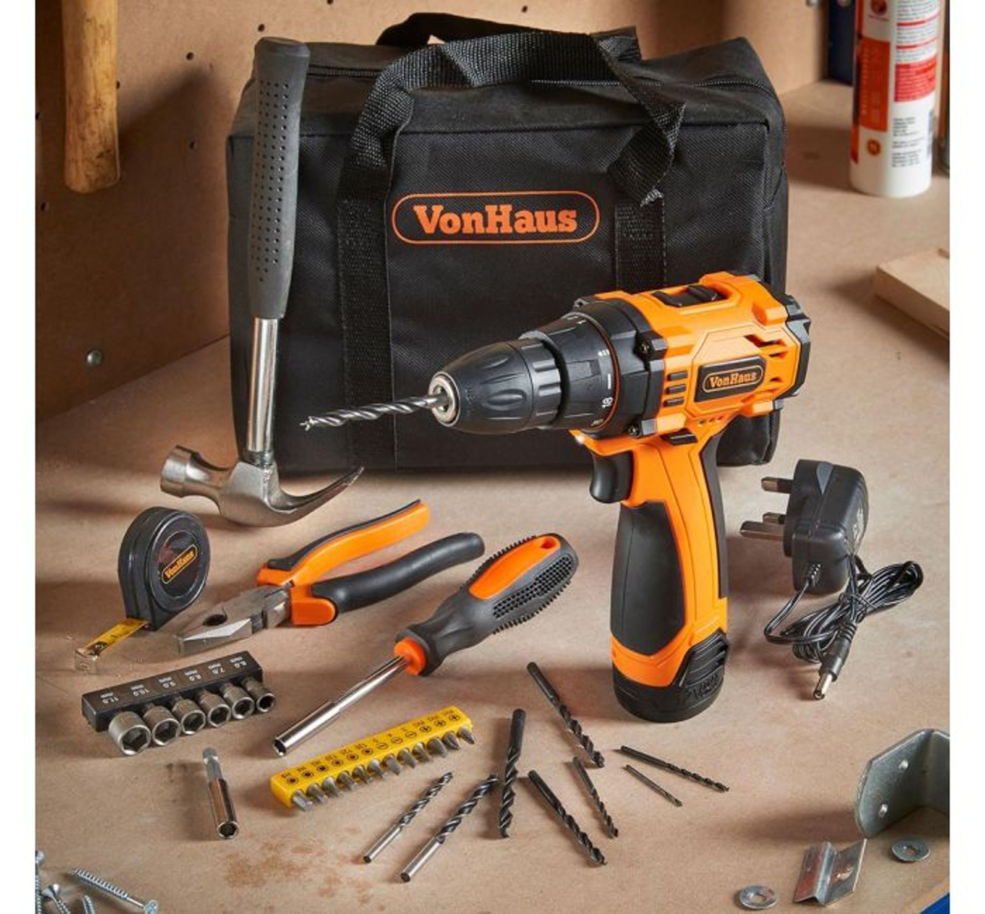 (LT26) 12V Drill with Accessory Set 32 piece kit includes: pliers, hammer, tape measure, screw...