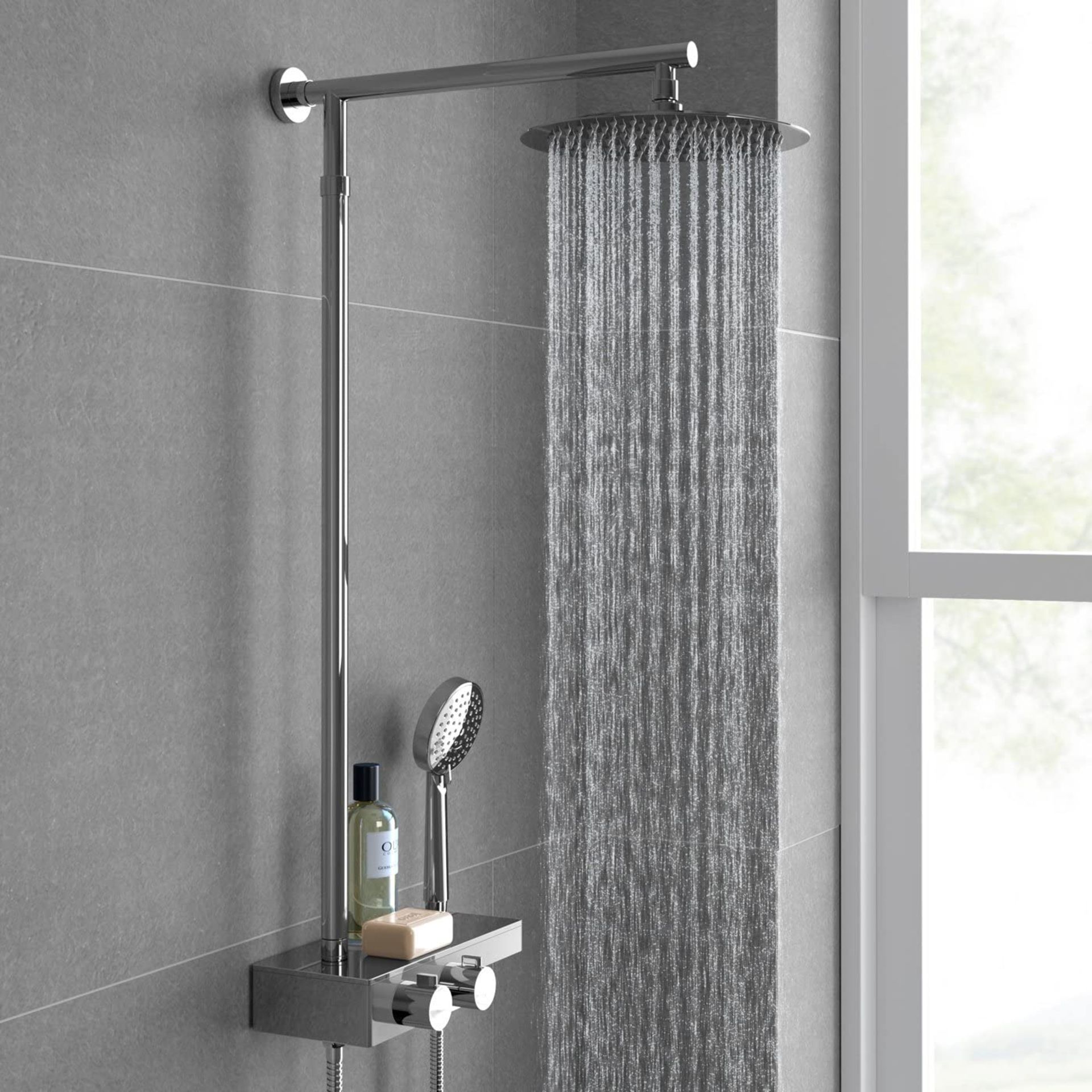 (WS38) Round Thermostatic Bar Mixer Shower Set Valve with Shelf 10" Head + Handset. Solid brass... - Image 2 of 3