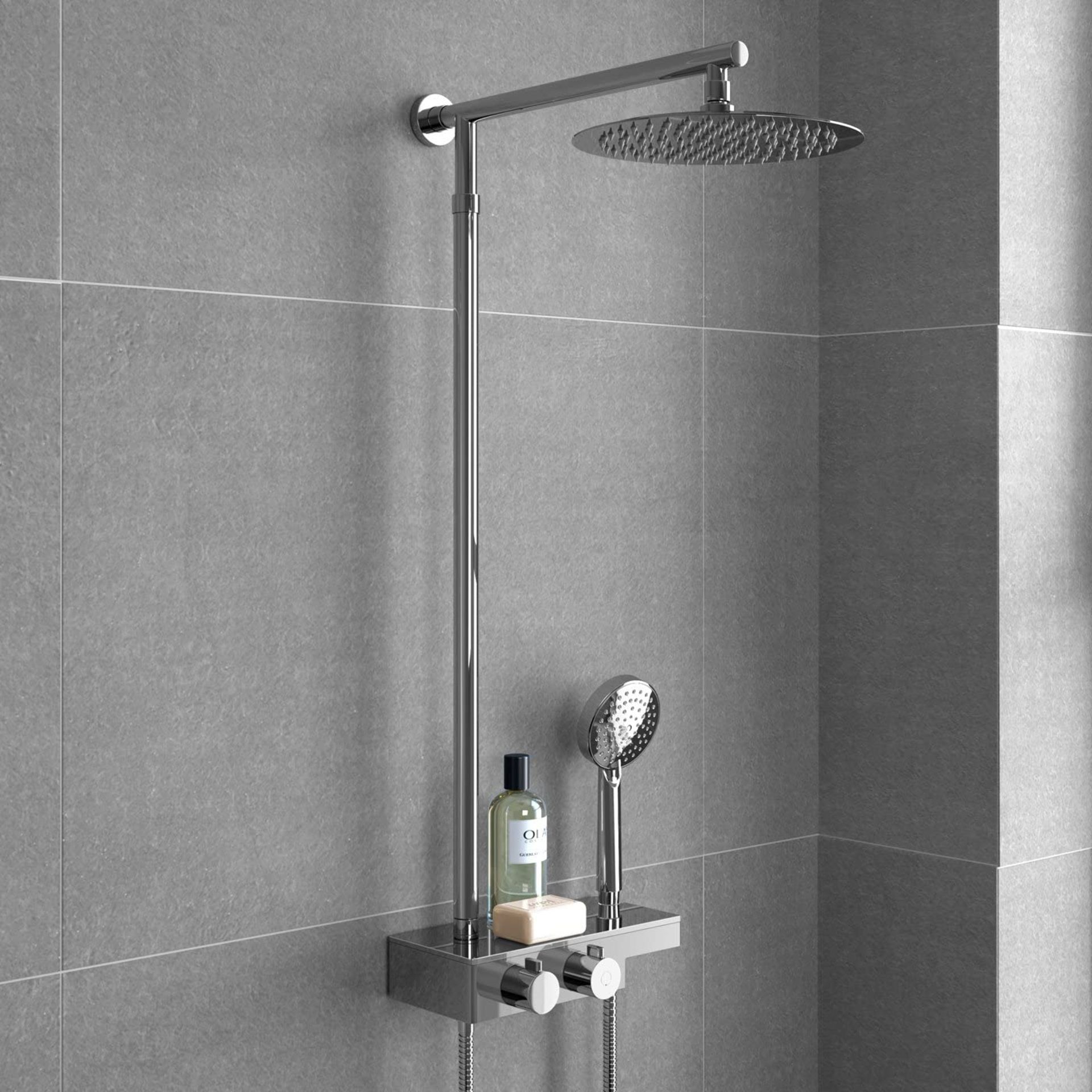 (WS38) Round Thermostatic Bar Mixer Shower Set Valve with Shelf 10" Head + Handset. Solid brass...