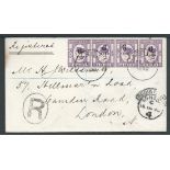 Labuan 1892 Registered cover to England franked by 1891 6 cents on 8c violet strip of four