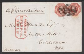 G.B. - SHIP LETTERS - LIVERPOOL. 1857 Entire from Sydney to Scotland franked 1/- pair (cut to sha...