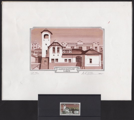 SWA / NAMIBIA 1981 Lüderitz Buildings set: original artwork in pen and ink, white and sepia, for