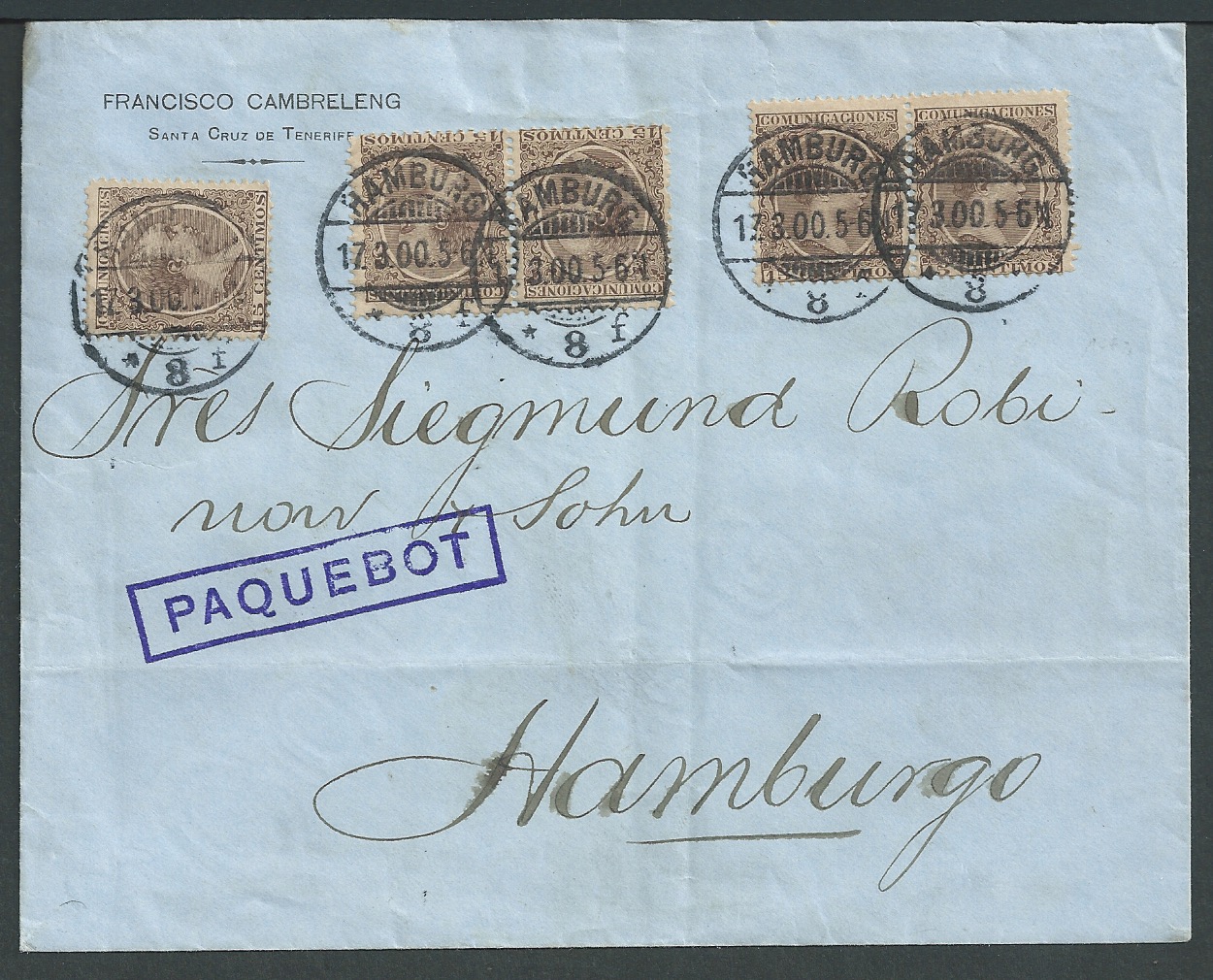 Spain / Germany 1900 Cover (light folds) from Santa Cruz de Teneriffe to Germany