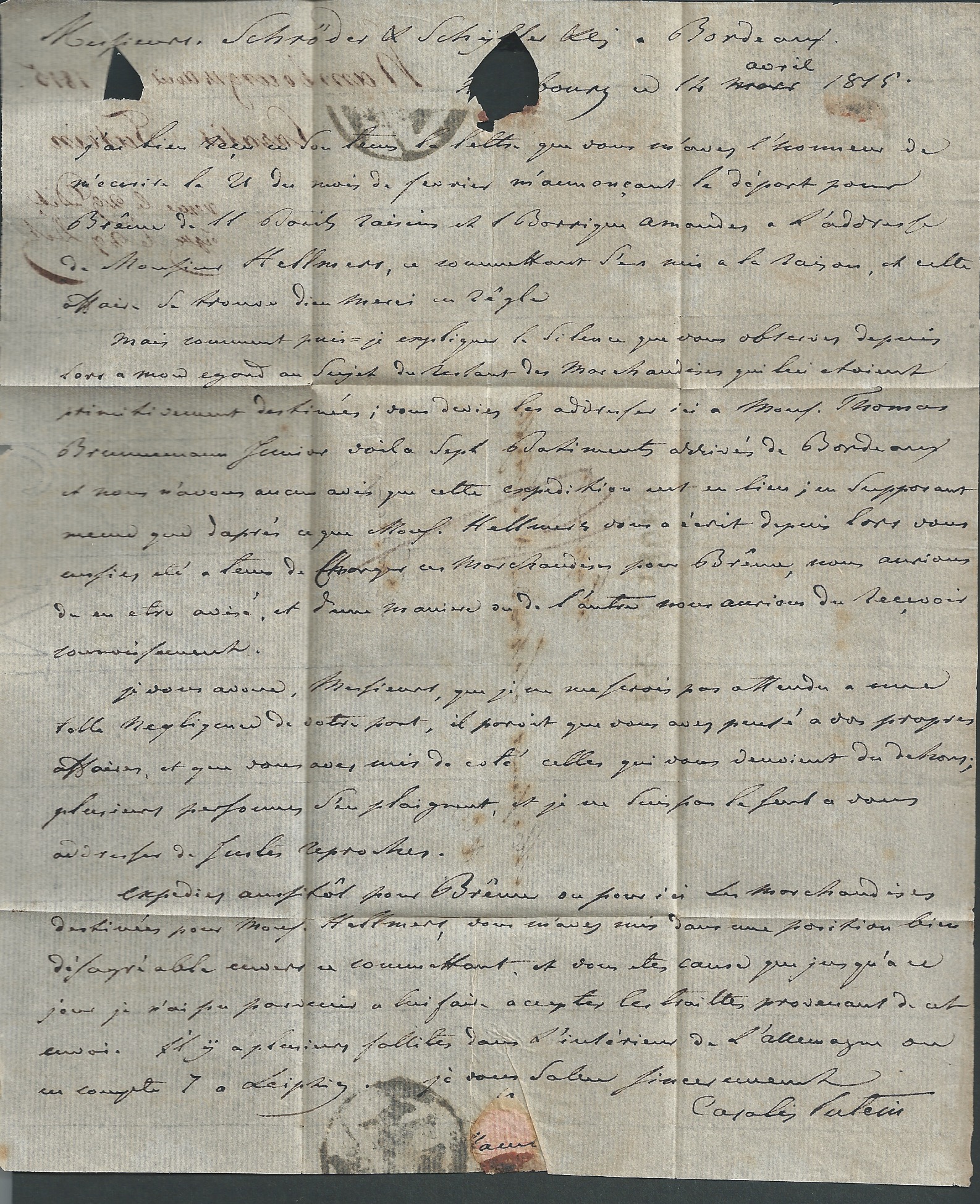 Germany - Prussia - Napoleonic Wars 1814 (Apr 14) Entire letter from Hamburg to Bordeaux - Image 3 of 3