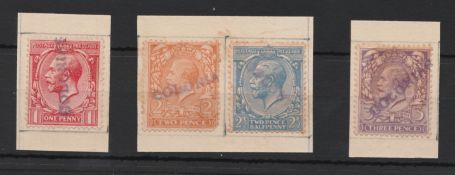 G.B.- KING GEORGE V 1911. 1d, 2d, 2.1/2d and 3d Specimens affixed to pieces of ledger pages all h...