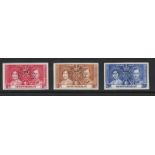 Montserrat 1937 KGVI 1d - 2½d Coronation set of 3 values complete, perf SPECIMEN, imperforate on