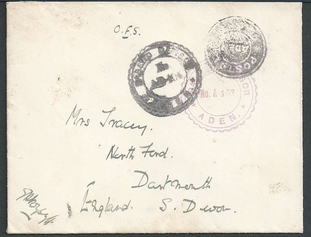 Aden 1918 Stampless Cover to England backstamped at Indian F.P.O. 324. located at Sheikh Othman,...