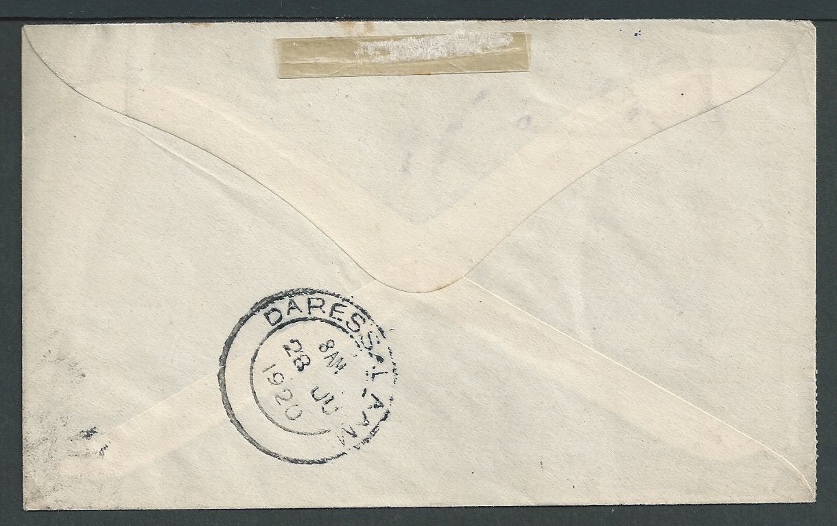 Tanganyika 1920 (June 21) Cover to England bearing nine G.E.A. 1c stamps cancelled by two strikes - Image 2 of 2