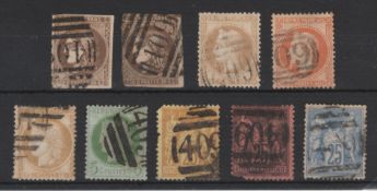 G.B. - CHANNEL ISLANDS 1863-70 French stamps (9, four with faults) including 1870 imperf Bordeaux