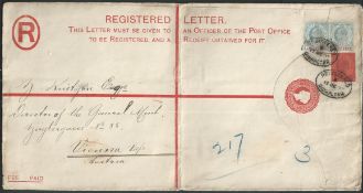 Gibraltar 1903 2d postal stationery registration envelope (vertical fold) size K used to Austria