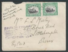 North Borneo 1924 Cover (flap missing) to England bearing 3c (2) each cancelled by Sandakan