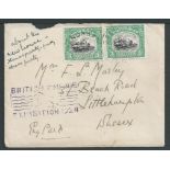 North Borneo 1924 Cover (flap missing) to England bearing 3c (2) each cancelled by Sandakan