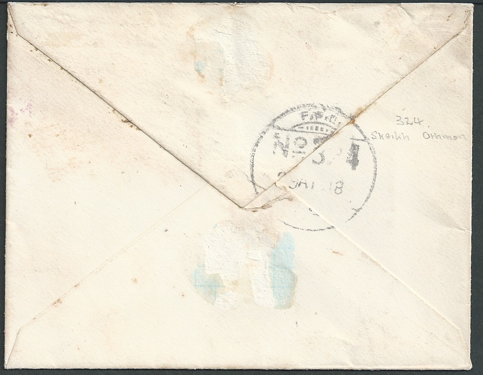 Aden 1918 Stampless Cover to England backstamped at Indian F.P.O. 324. located at Sheikh Othman,... - Image 2 of 2