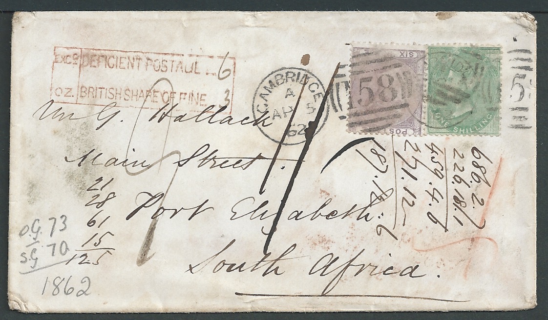 GB - Postage Dues 1862 Cover from Cambridge and addressed to Port Elizabeth