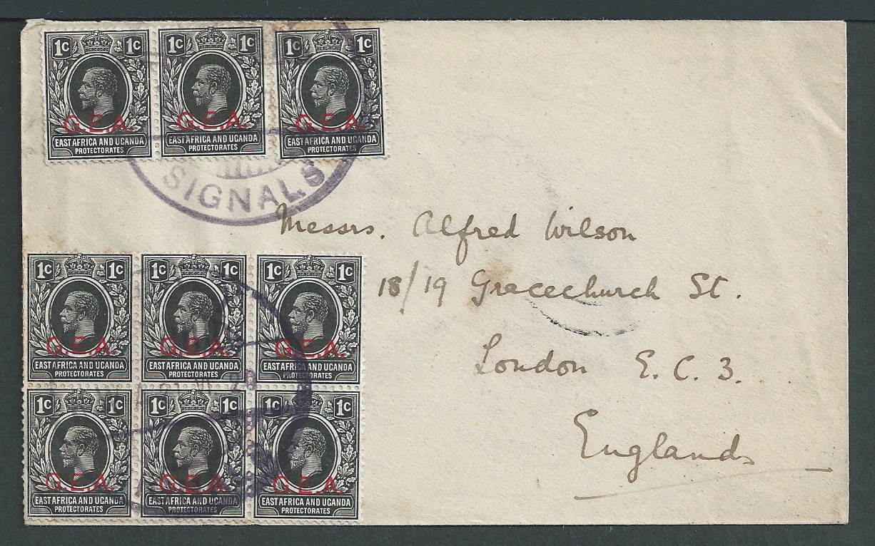 Tanganyika 1920 (June 21) Cover to England bearing nine G.E.A. 1c stamps cancelled by two strikes